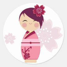 Etiqueta de Kokeshi Sakura Adesivos Em Formato Redondos