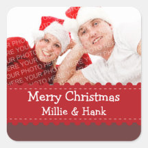 Etiqueta vermelha esperto do Feliz Natal da foto d Adesivos Quadrados