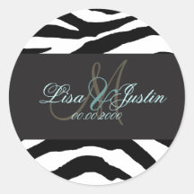 Etiquetas do casamento do monograma da zebra adesivo em formato redondo