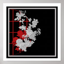 Floral asiático vermelho preto posters
