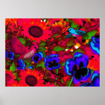 Flores e pássaros vermelhos do poster da arte