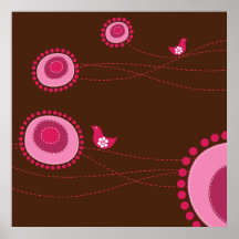 Flores pontilhadas rosa e poster feliz dos pássaro