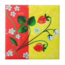 Flores vermelhas & amarelas da morango da primaver azulejos