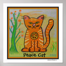 Gato da paz com flores pôsteres