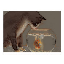 Gato que olha a bacia do peixe dourado cartoes postais