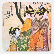 Gueixa japonesa 1911 da gravura três adesivo em forma quadrada