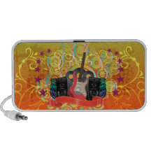 guitarra e auto-falante com fundo funky caixinhas de som