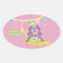 Happy Birthday Kawaii Monster cake. 卵形シールステッカー
