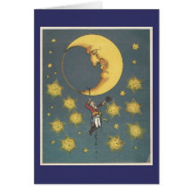 Homem do vintage que pendura da lua cartões