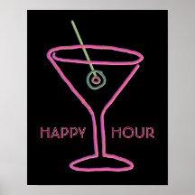 Impressão de néon retro do poster do happy hour de