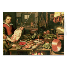 Interior da cozinha com uma empregada doméstica cartoes