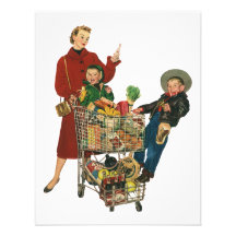 Mamã do vintage com seus miúdos em compras na merc convites personalizado