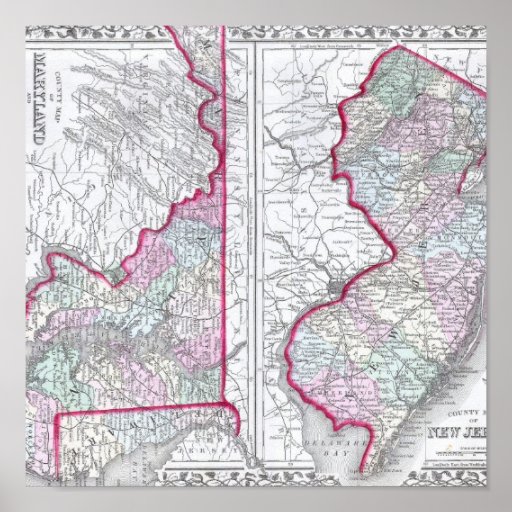 Mapa antigo de Maryland, de New-jersey, & de Delaw Poster