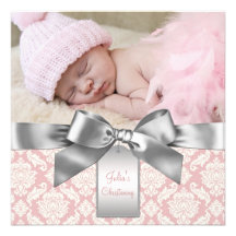 Marfim e batismo cor-de-rosa da foto do bebé do da convite personalizado