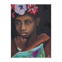 Menina africana com as flores em sua pintura a óle impressão de canvas esticada