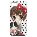 Menina bonito com o gato do kawaii em bolinhas pre iPhone 5 capa