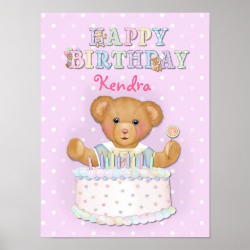 Menina do urso do feliz aniversario - personalize poster