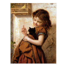 Menina, gato do gatinho & pássaro - pintura do vin cartoes postais
