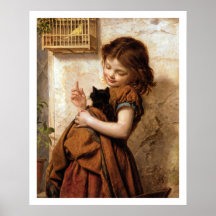 Menina, gato do gatinho & poster vintage do pássar