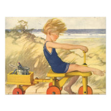 Menino do vintage que joga na praia com brinquedos convite personalizado