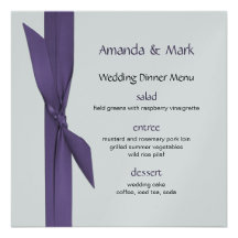Menu do casamento de prata com fita roxa convite personalizados