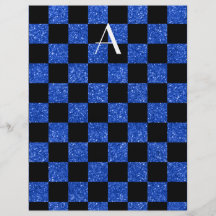 Monograma azul e brilho preto checkered modelo de panfletos