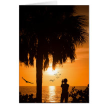 Mulher que fotografa o por do sol cartão