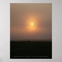 Nascer do sol em uma manhã nevoenta posteres