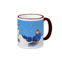 Natal, menino no trenó, boneco de neve, caneca do 