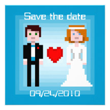 Noivos do pixel - salvar a data - azul convites personalizados