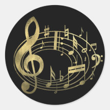 Notas musicais douradas na forma oval adesivo em formato redondo