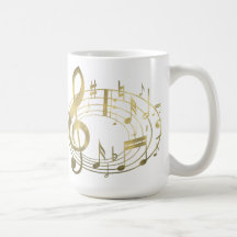 Notas musicais douradas na forma oval caneca