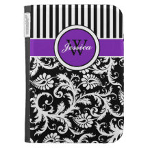 O damasco listrado branco preto roxo do monograma 