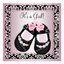 O damasco preto cor-de-rosa calça o chá do bebé convites personalizado