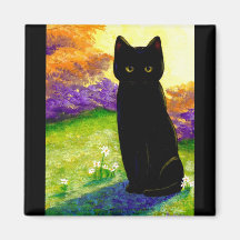 O gato preto bonito floresce Creationarts engraçad Imãs