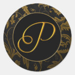 Ouro do monograma P e selo preto do casamento tema Adesivos Em Formato Redondos