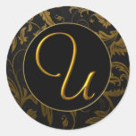 Ouro do monograma U e selo preto do casamento tema Adesivo Em Formato Redondo