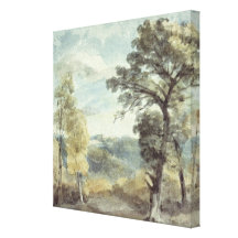 Paisagem com árvores e uma mansão distante impressão de canvas envolvida