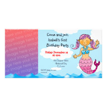 Partido da menina da sereia do primeiro aniversari cartão com fotos personalizado