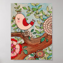 Pássaro retro, ramo, e flores posteres