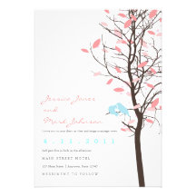 Pássaros do amor na árvore - rosa e azul convite personalizados