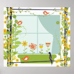 Pássaros retros e poster das flores