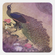 Pavão do vintage e impressão do japonês das peônia adesivos quadrados
