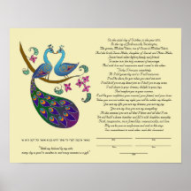 Pavão-Peahen no ketubah do amor, kantha Pôsteres
