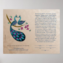 Pavão-Peahen no ketubah do amor, malva Impressão