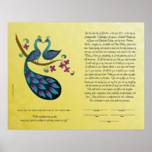 Pavão-Peahen no ketubah do amor, mostarda Impressão