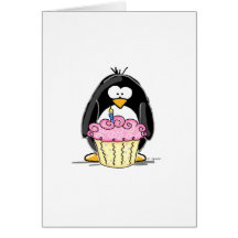 Pinguim do aniversário com cupcake cartoes