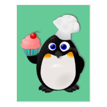 Pinguim do padeiro com cupcake II Cartão Postal