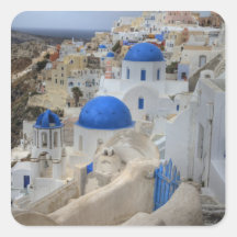 Piscina, Santorini. Torre de Bell e abóbadas azuis Adesivo Quadrado