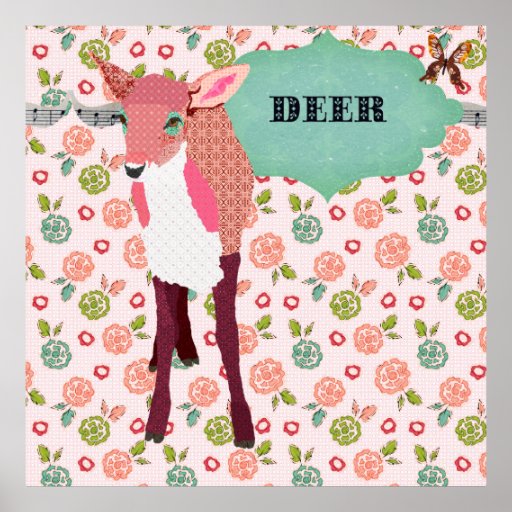 Poster floral retro dos cervos cor-de-rosa bonito